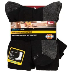 Dickies Dri-Tech Comfort Moisture Control Black Crew Socks, Size 12-15