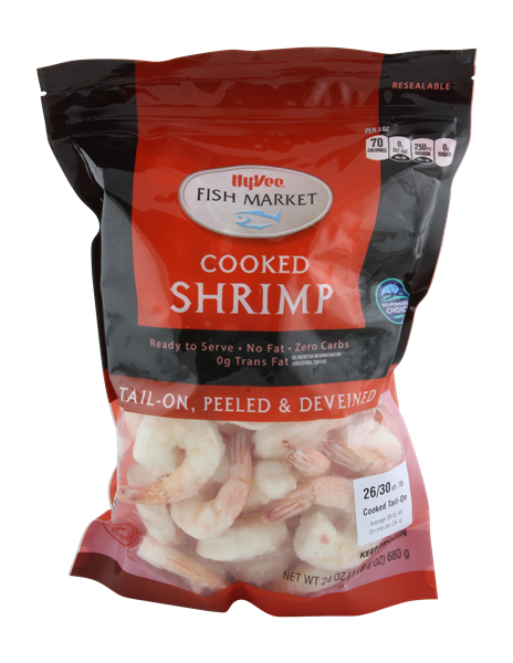 slide 1 of 1, Hy-Vee Cooked Shrimp Rts Tail On, Peeled & Deveined - 26-30 Count, 24 oz