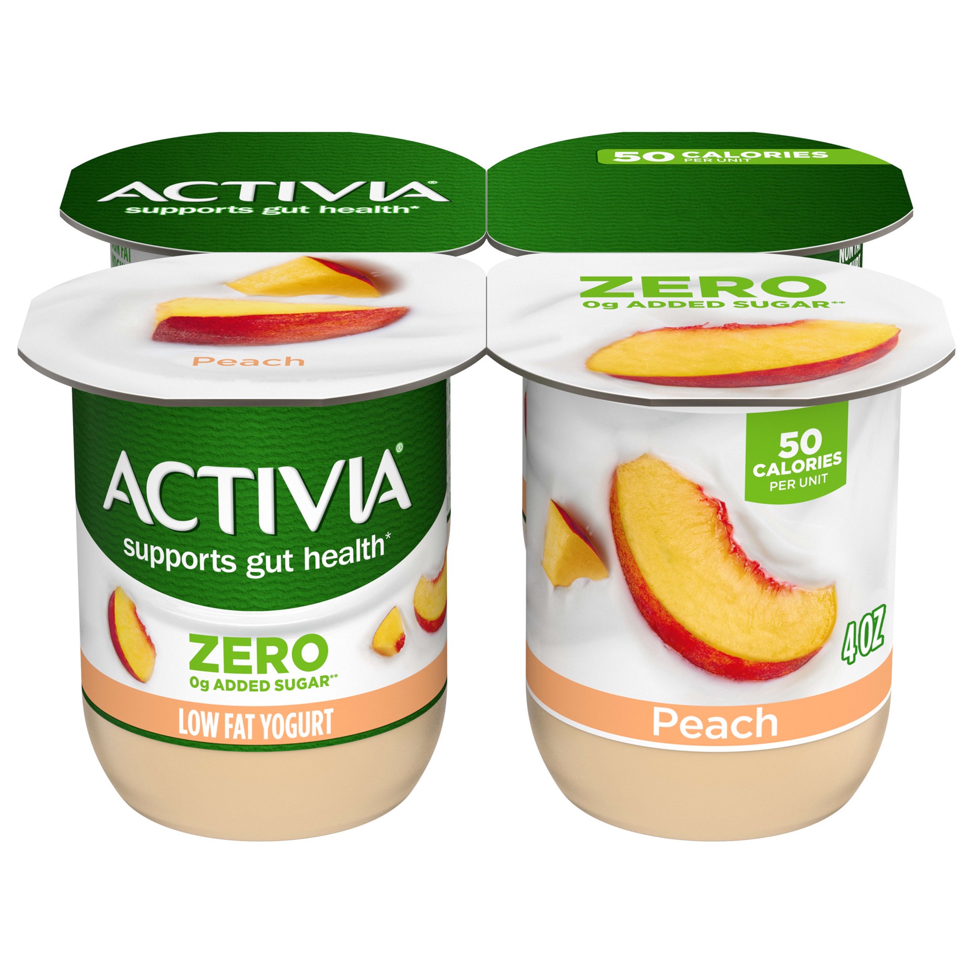 slide 1 of 9, Activia Zero 0g Added Sugar* Peach Probiotic Yogurt, Creamy and Delicious Nonfat Yogurt, 4 Ct, 4 OZ Yogurt Cups, 4 oz