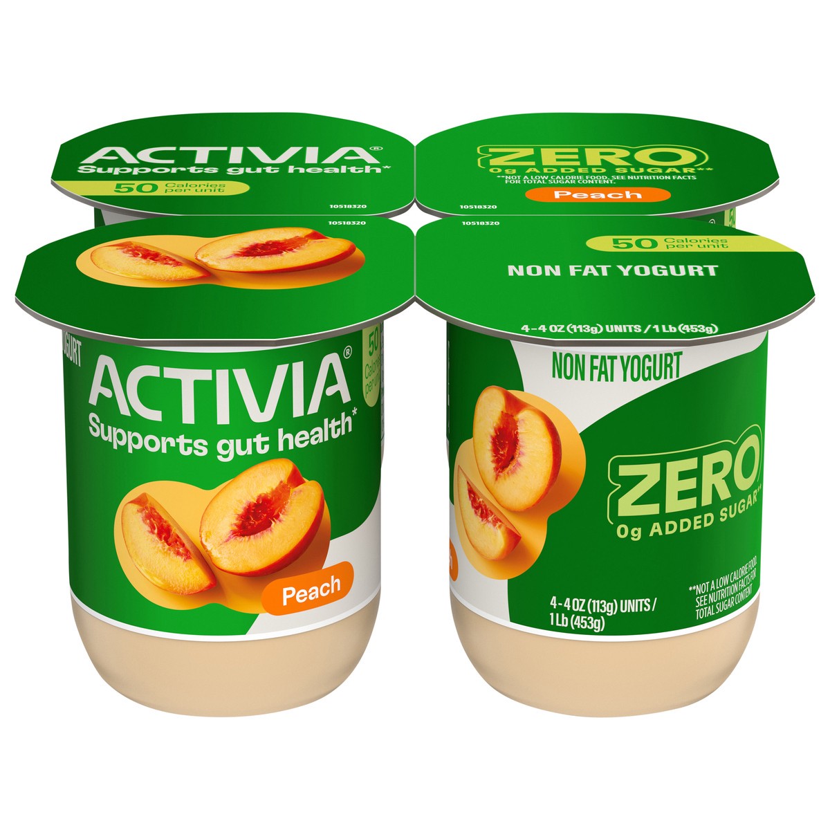 slide 1 of 9, Activia ZERO 0g Added Sugar Peach Probiotic Yogurt, Nonfat Yogurt Cups, 4 OZ, 4 Ct, 4 ct