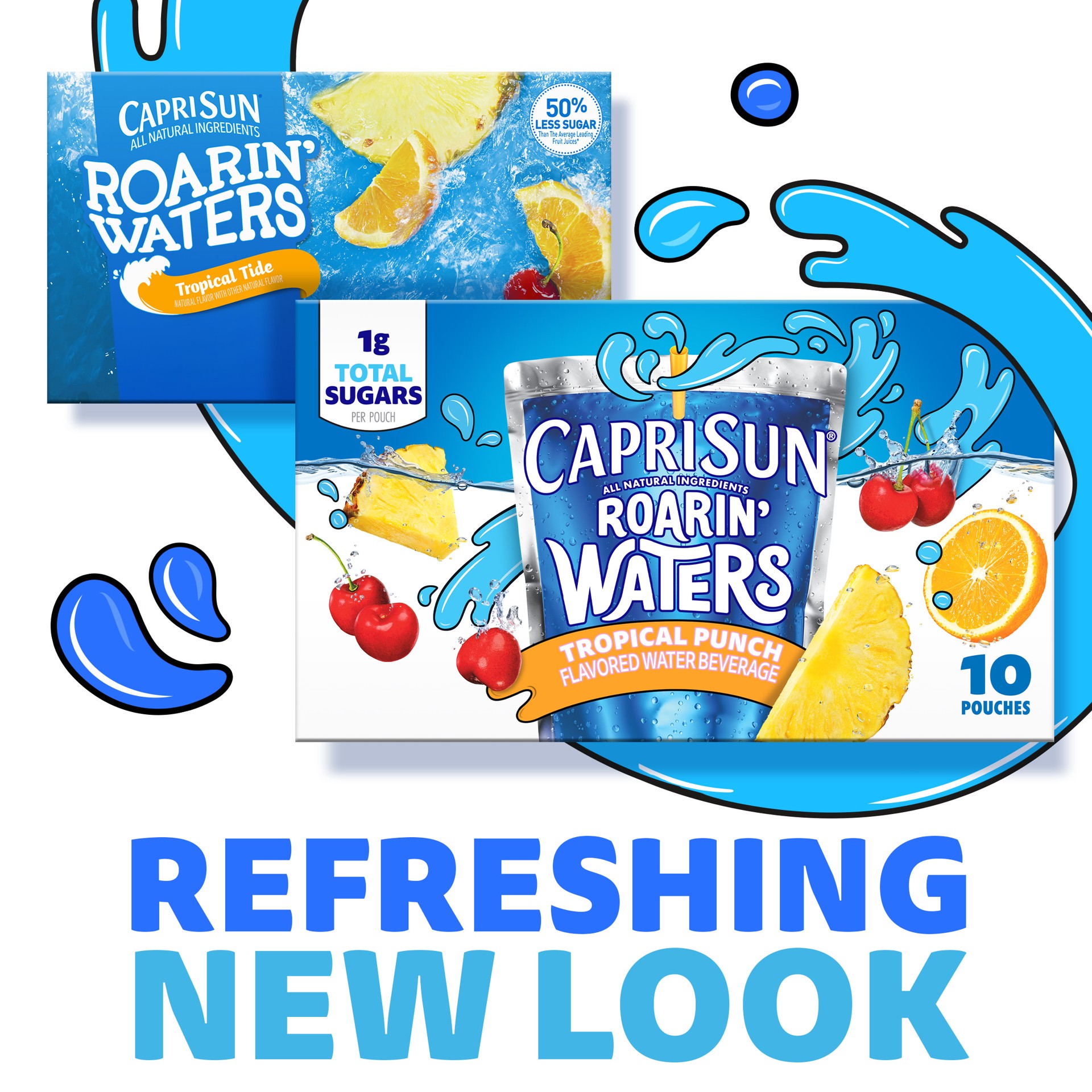 slide 3 of 5, Capri Sun Roarin' Waters Tropical Punch Flavored with other natural flavor Water Beverage, 10 ct Box, 6 fl oz Drink Pouches, 10 ct