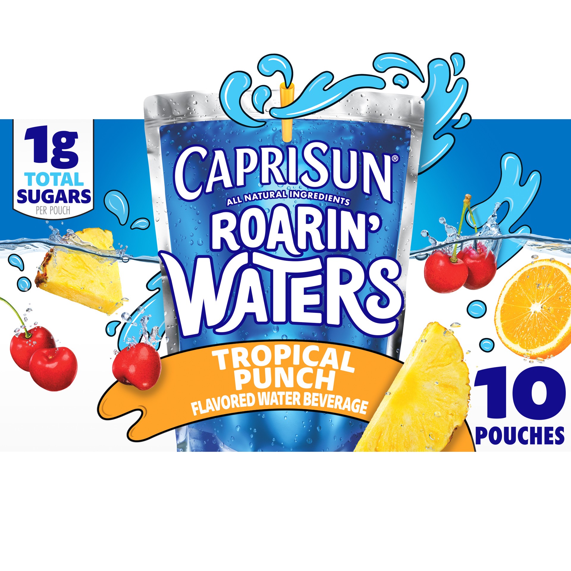 slide 1 of 5, Capri Sun Roarin' Waters Tropical Punch Flavored with other natural flavor Water Beverage, 10 ct Box, 6 fl oz Drink Pouches, 10 ct