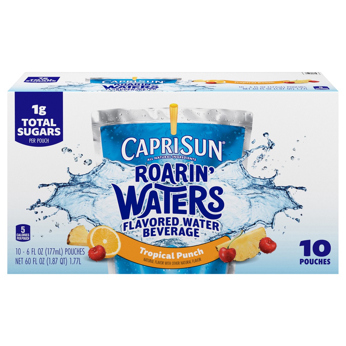 slide 1 of 5, Capri Sun Roarin' Waters Tropical Punch Flavored with other natural flavor Water Beverage, 10 ct Box, 6 fl oz Drink Pouches, 10 ct