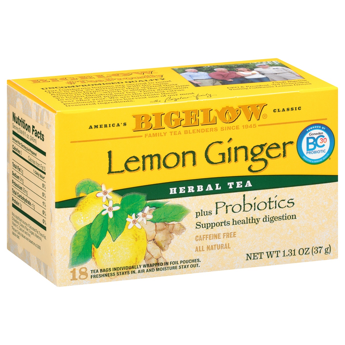 slide 2 of 10, Bigelow Herbal Tea Lemon Ginger Plus Probiotics Caffeine Free Tea Bags, 18 ct
