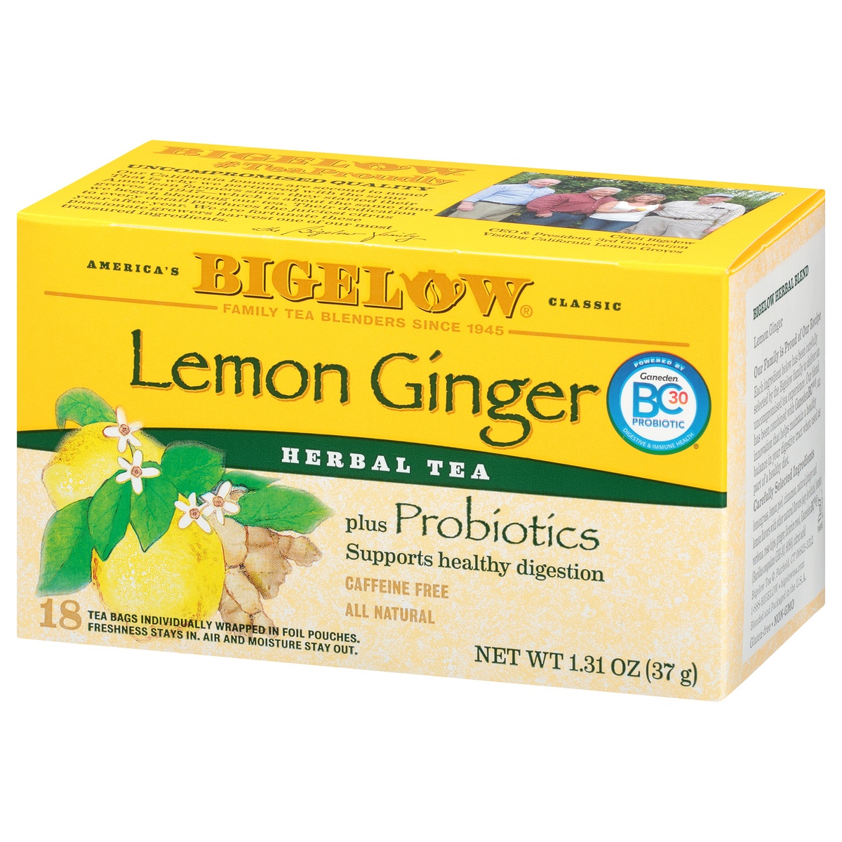 slide 3 of 10, Bigelow Herbal Tea Lemon Ginger Plus Probiotics Caffeine Free Tea Bags, 18 ct