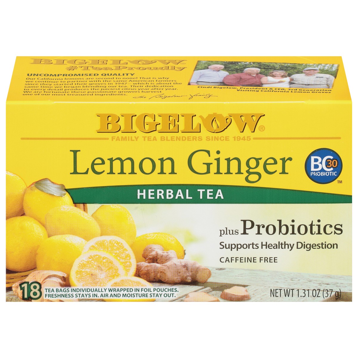 slide 1 of 9, Bigelow Lemon Ginger Probiotics, Caffeine Free Herbal Tea Bags- 18 ct, 18 ct