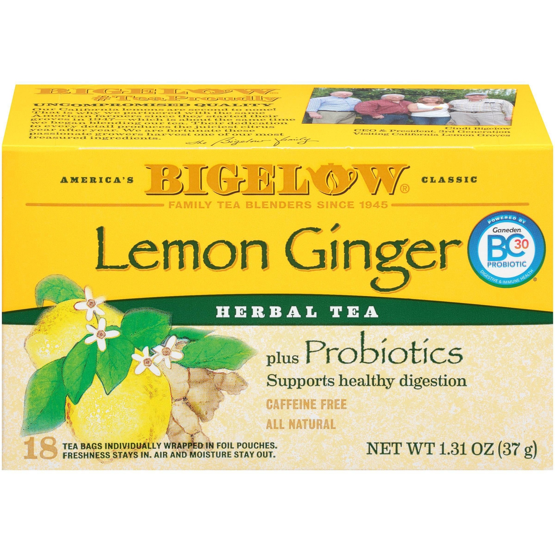slide 1 of 10, Bigelow Herbal Tea Lemon Ginger Plus Probiotics Caffeine Free Tea Bags, 18 ct