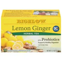 Bigelow Lemon Ginger Probiotics, Caffeine Free Herbal Tea Bags- 18 ct