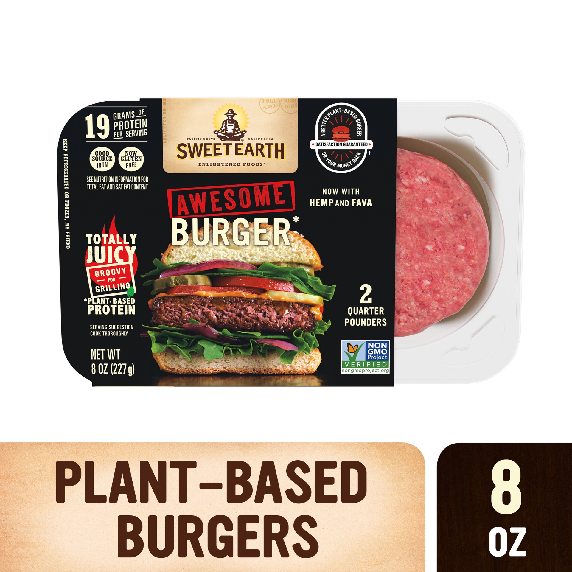 slide 1 of 2, Sweet Earth Awesome Burger Patties Plant Based Protein, 8 Oz - Meatless Vegan Burger Patties, 8 oz