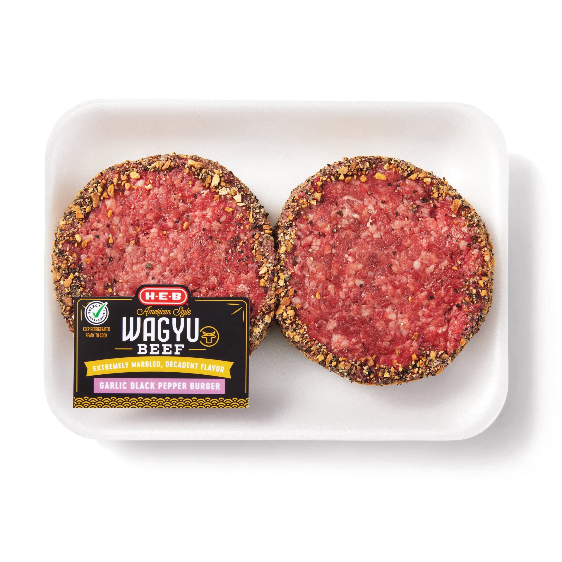 slide 1 of 1, H-E-B American Style Wagyu Beef Garlic Black Pepper Encrusted Burgers, per lb