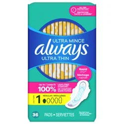 Always Ultra Thin Feminine Pads with Wings for Women, Size 1, Regular Absorbency, Unscented, 36 Count