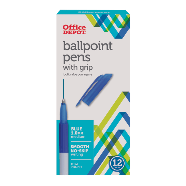 slide 1 of 2, Office Depot Brand Grip Ballpoint Pens, Medium Point, 1.0 Mm, White Barrel, Blue Ink, Pack Of 12, 12 ct