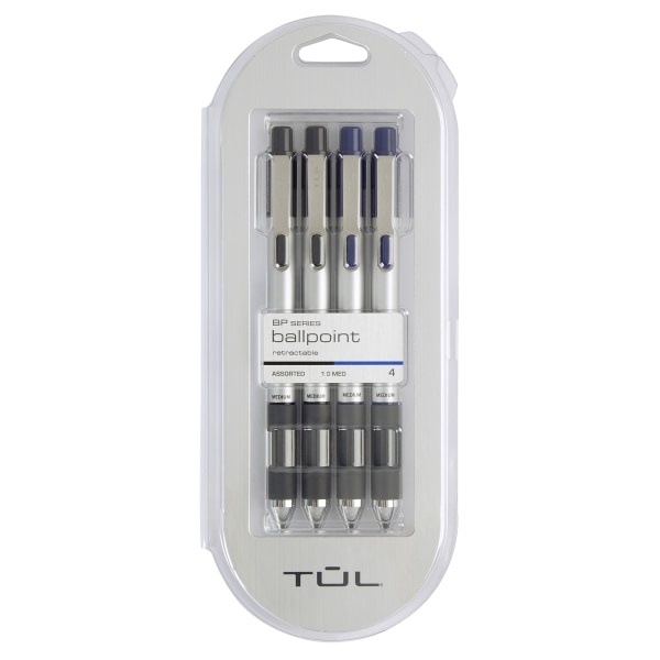 slide 1 of 4, TUL Retractable Ballpoint Pens, Medium Point, 1.0 Mm, Silver Barrels, Assorted Inks, Pack Of 4 Pens, 4 ct