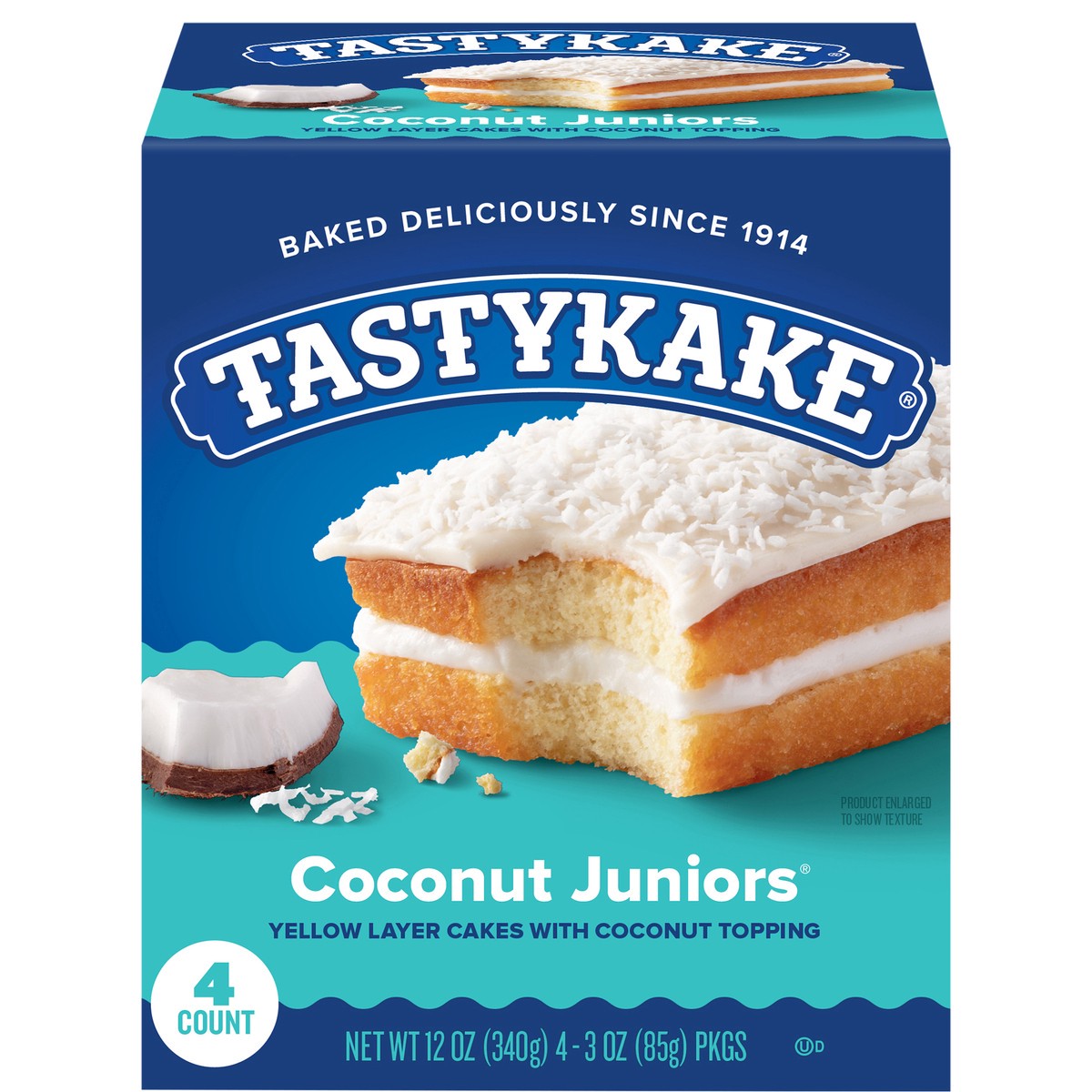 slide 1 of 14, Tastykake Coconut Juniors, 4 Count, 4 Individually Wrapped Coconut Topped Snack Cakes, 13.3 oz