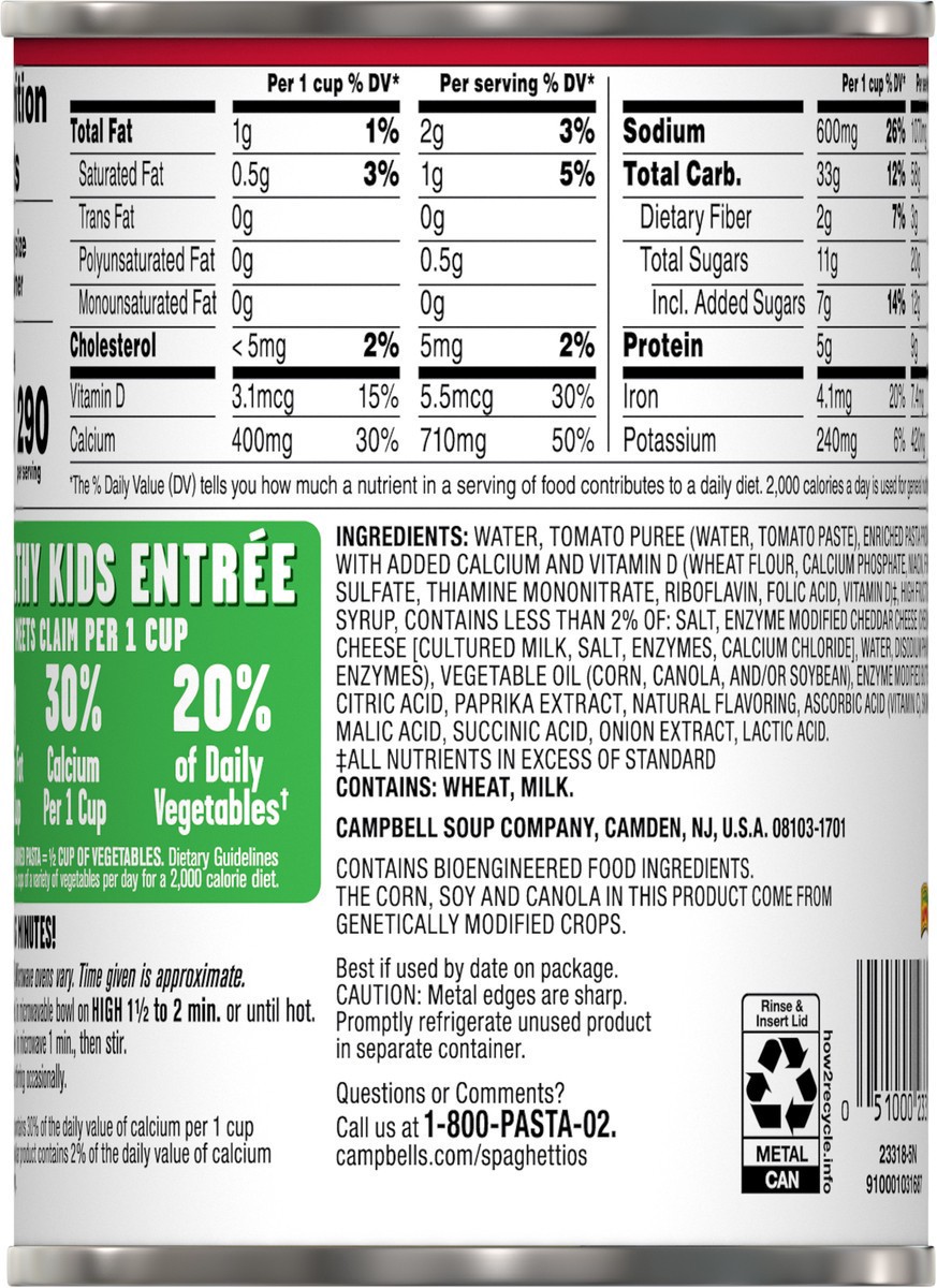 slide 6 of 9, Campbell's SpaghettiOs Original Canned Pasta Plus Calcium, 15.8 oz Can, 15.800 oz