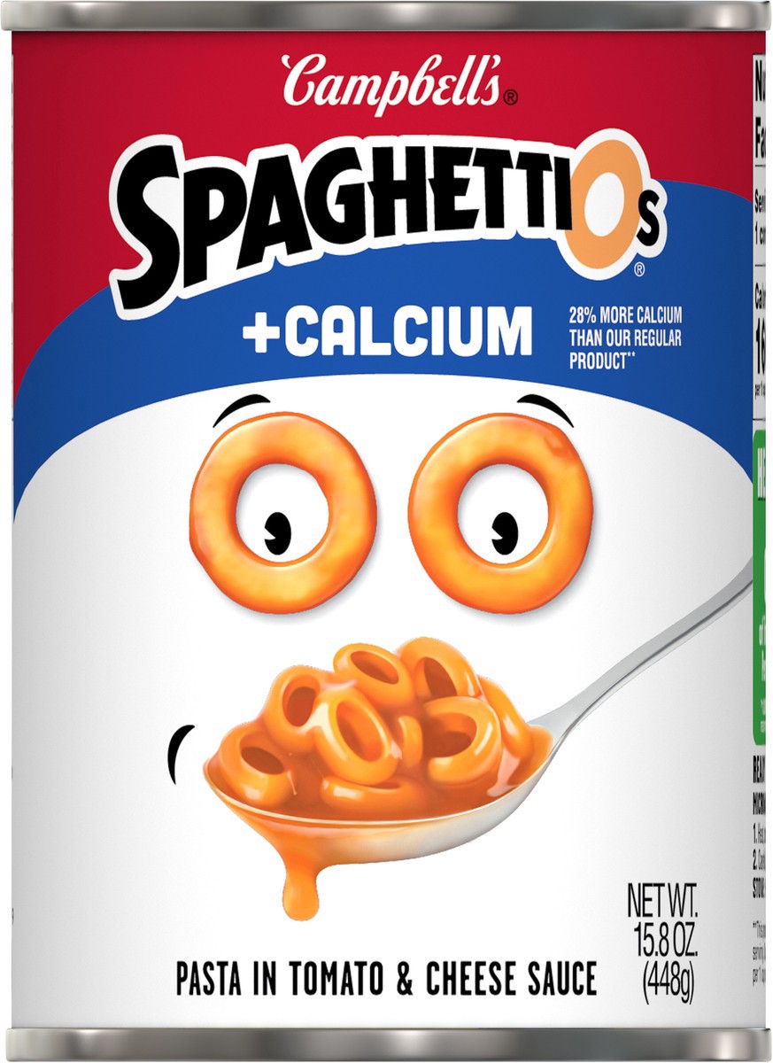 slide 4 of 9, Campbell's SpaghettiOs Original Canned Pasta Plus Calcium, 15.8 oz Can, 15.800 oz