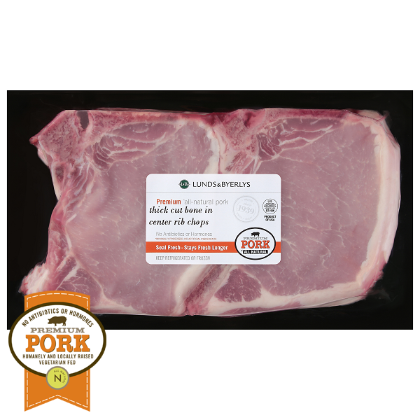 slide 1 of 1, Lunds & Byerlys Duroc Premium All-Natural Pork Bone-In Thick Cut Center Rib Chops, per lb