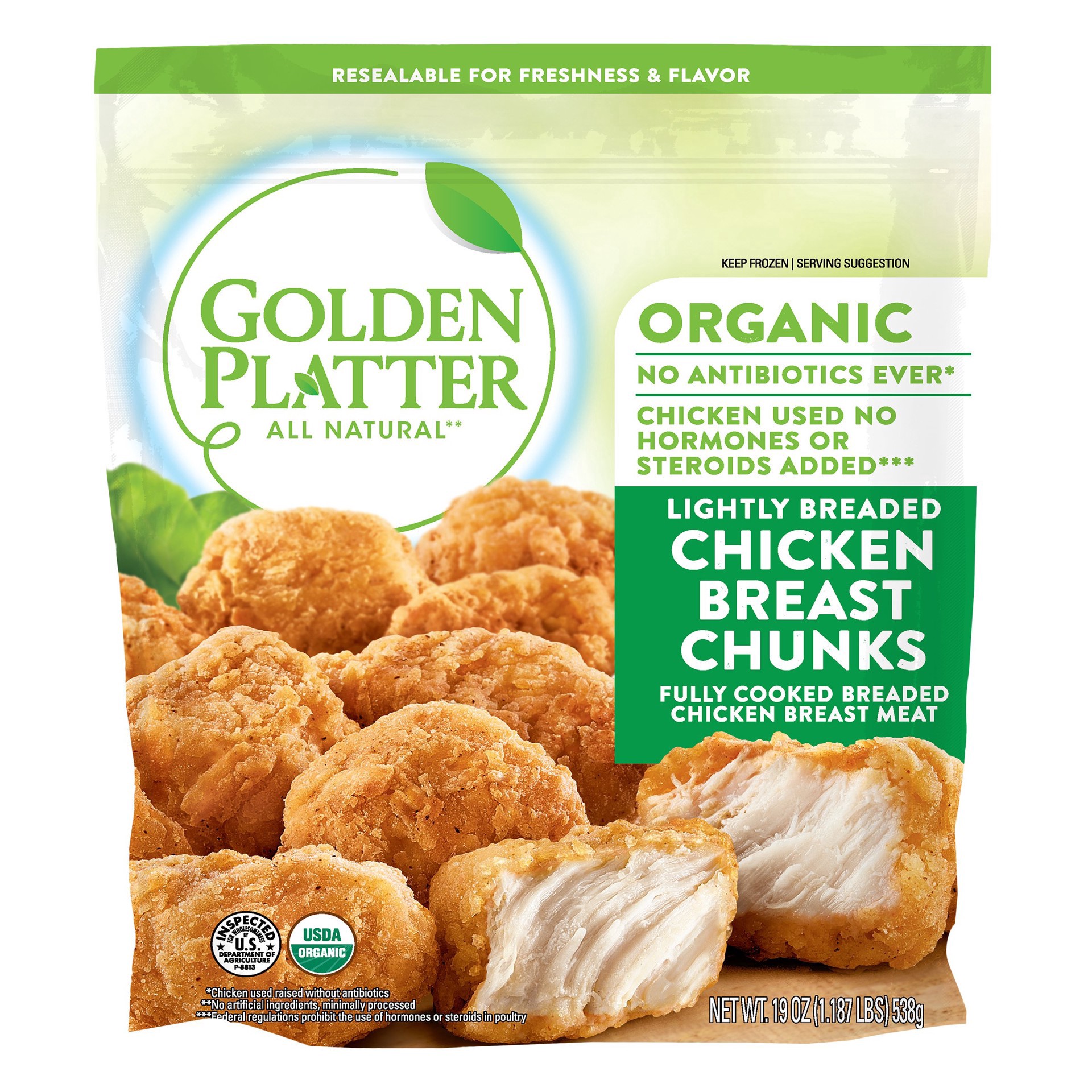 slide 1 of 1, Golden Platter Organic Fully Cooked Frozen Lightly Breaded Chicken Chunks, 19 oz