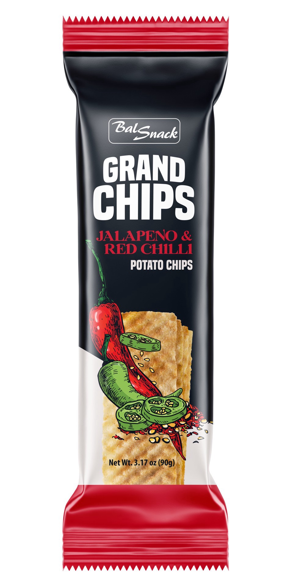 slide 1 of 1, Bal Snack Grand Chips Jalapeño & Red Chili Potato Chips, 3.17 oz
