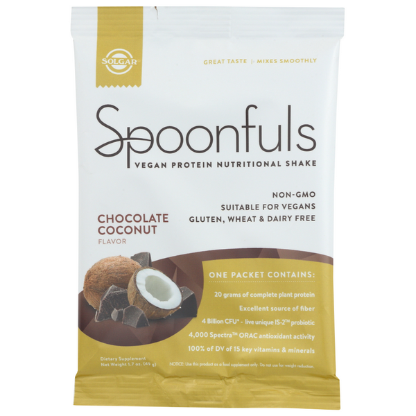 slide 1 of 1, Solgar Spoonfuls Chocolate Coconut Protein Shake Mix, 1.7 oz