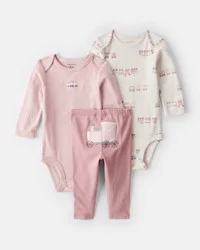 Carter's Baby Girl 3-Piece Train Print Long-Sleeve Bodysuit & Pant Set - Pink White 9M