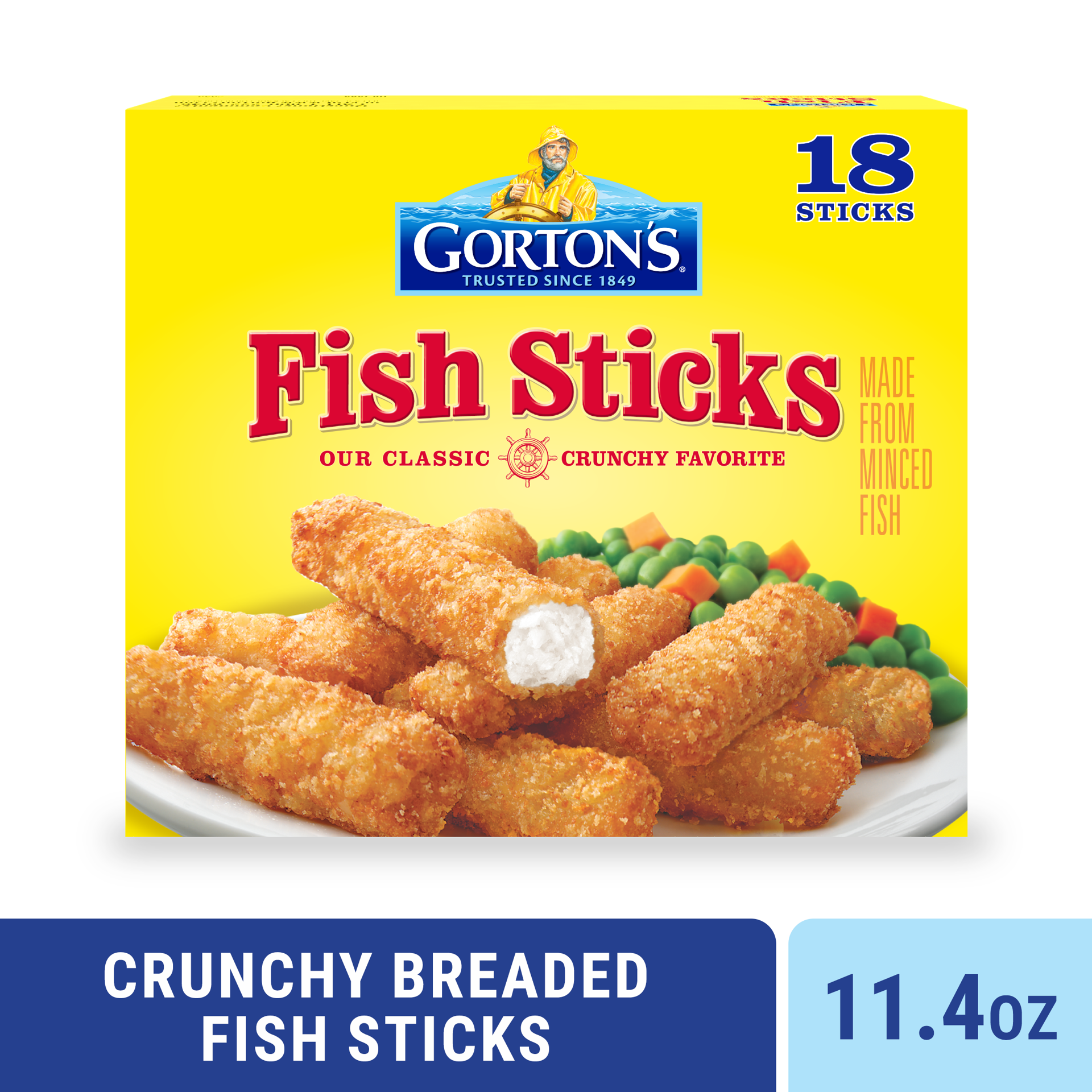 slide 1 of 9, Gorton's Gorton''s Crunchy Breaded Fish Sticks Cut from Real Fish, Wild Caught Fish with Crunchy Panko Breadcrumbs, Frozen, 18 Count, 11.4 Ounce Package, 18 ct