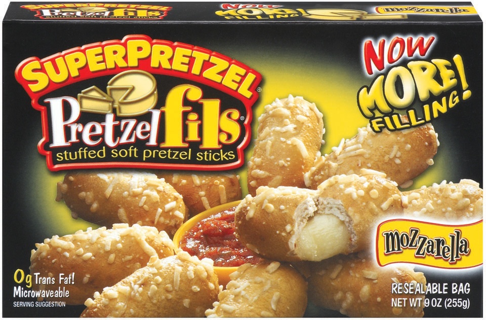 slide 1 of 4, SuperPretzel Pretzelfils Mozzarella Soft Stuffed Pretzel Sticks, 9 oz