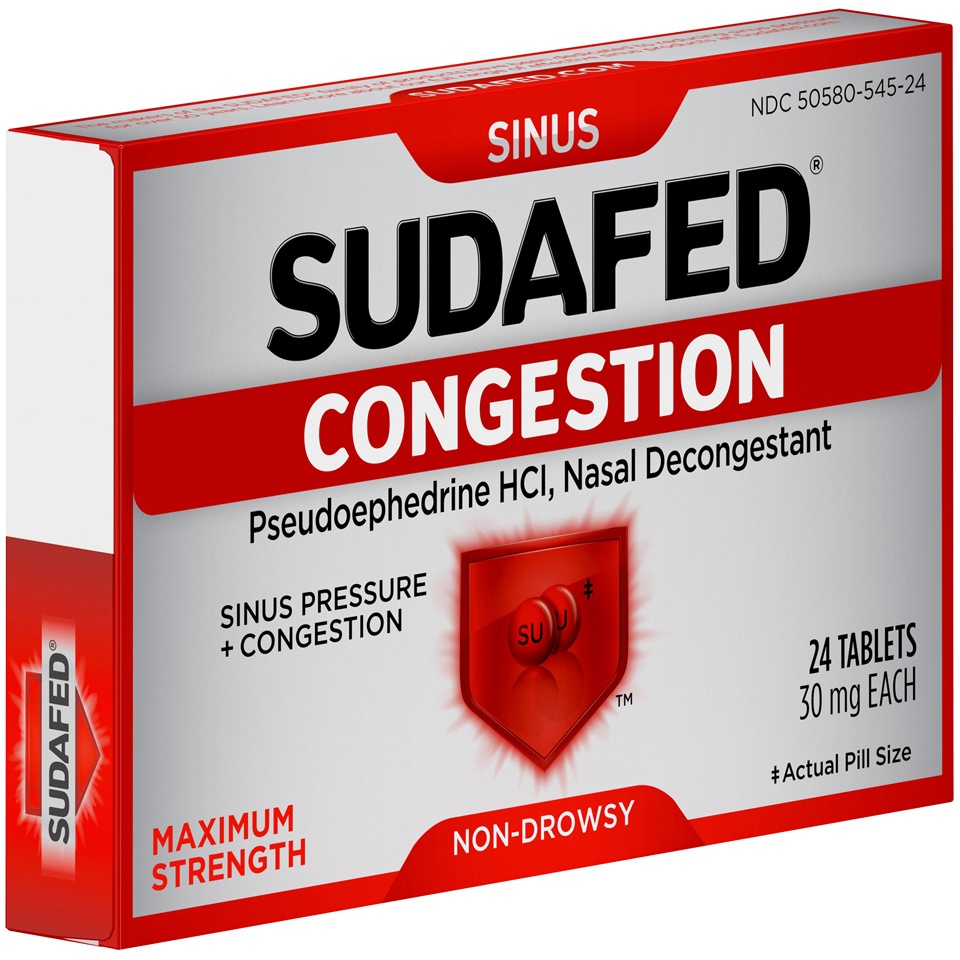 slide 2 of 6, Sudafed Non-Drowsy Sinus + Congestion Maximum Strength Tablets, 24 ct