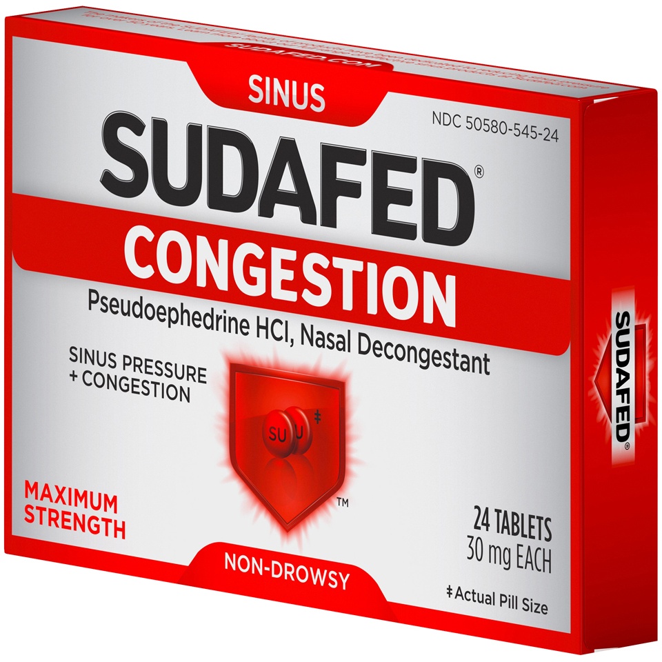 slide 3 of 6, Sudafed Non-Drowsy Sinus + Congestion Maximum Strength Tablets, 24 ct