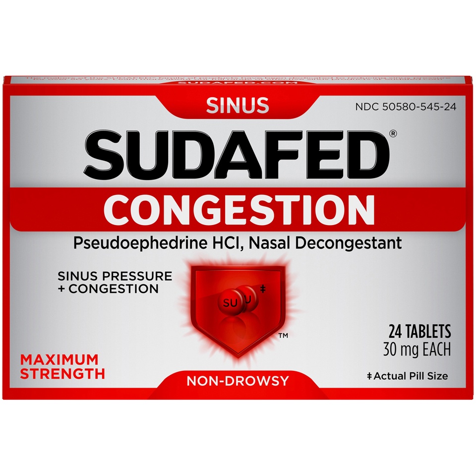 slide 1 of 6, Sudafed Non-Drowsy Sinus + Congestion Maximum Strength Tablets, 24 ct