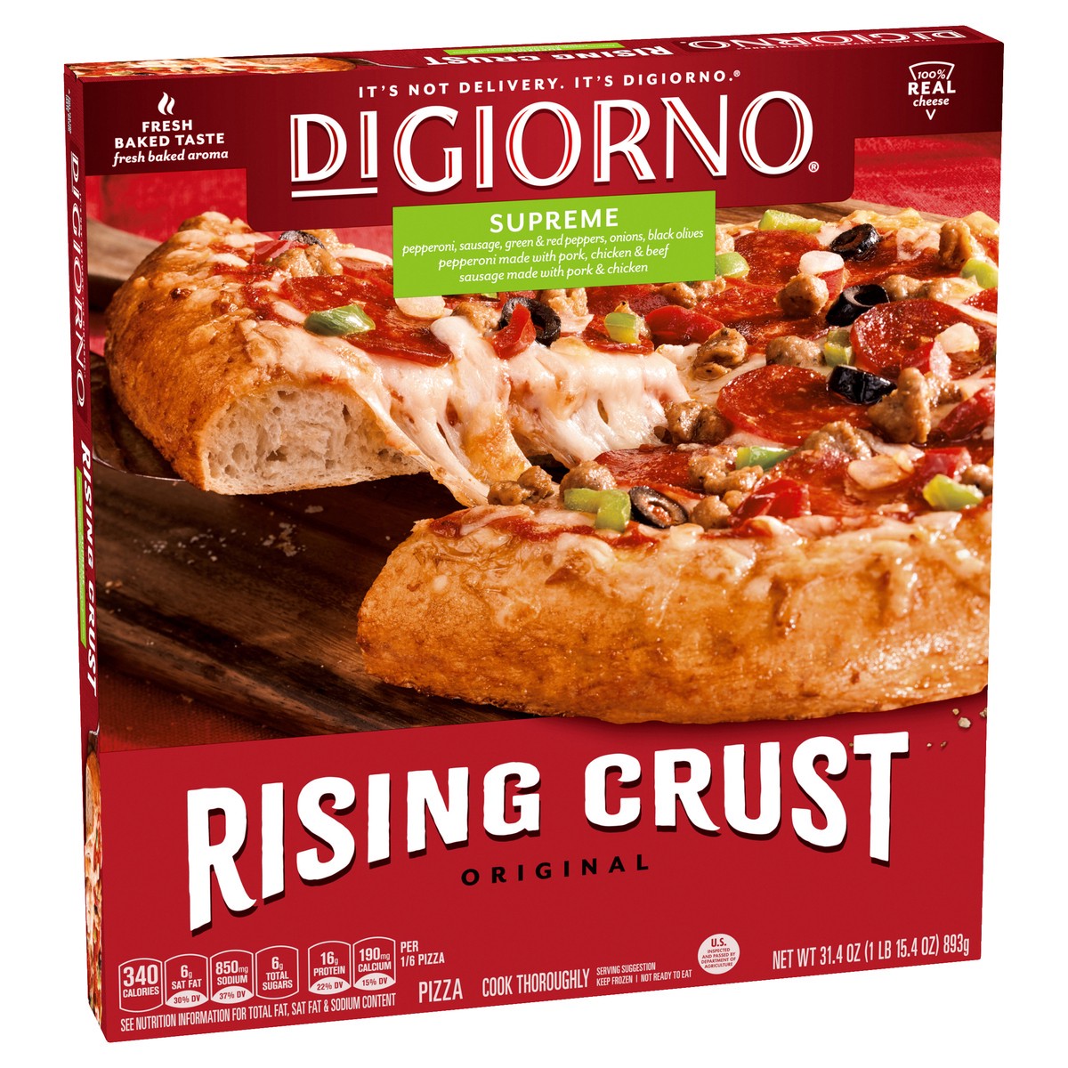 slide 11 of 12, DIGIORNO Supreme Frozen Pizza on a Rising Crust, 31.4 Oz, 32.7 oz