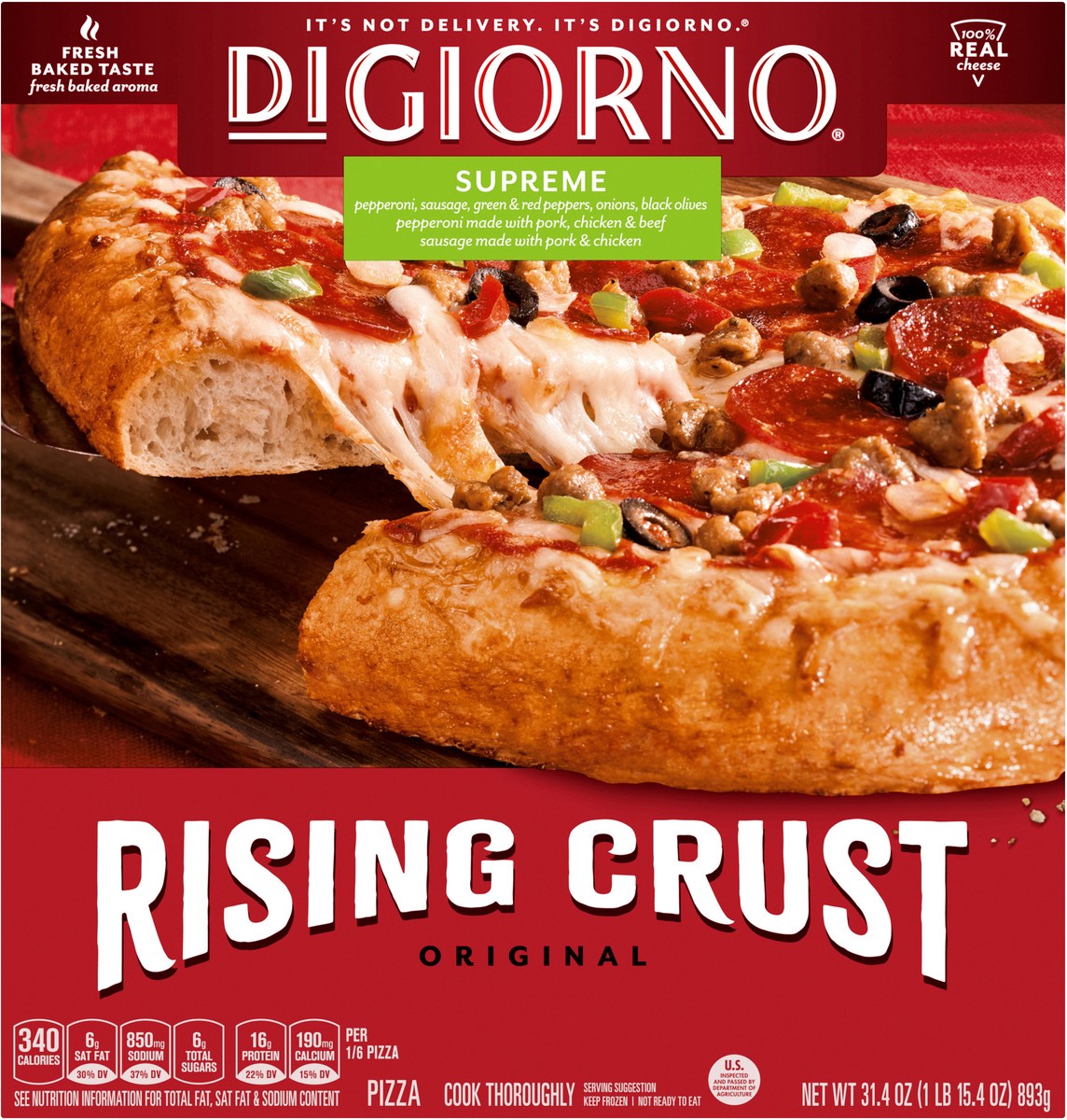 slide 6 of 12, DIGIORNO Supreme Frozen Pizza on a Rising Crust, 31.4 Oz, 32.7 oz