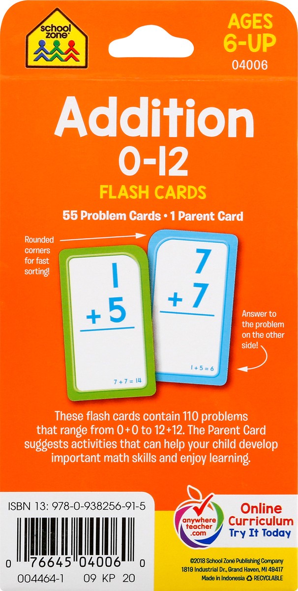 slide 4 of 9, School Zone Addition 0-12 Flash Cards, 1 ct