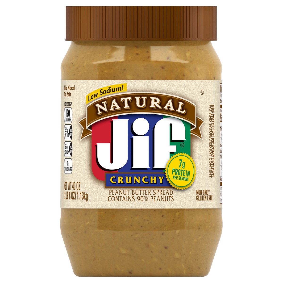 slide 1 of 51, Jif Natural Crunchy Peanut Butter Spread – Contains 90% Peanuts, 40 Ounces, 40 oz