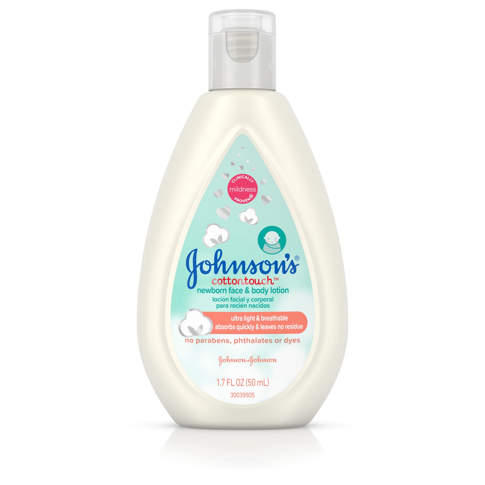 slide 1 of 5, Johnson's CottonTouch Newborn Baby Face and Body Lotion, Hypoallergenic and Paraben-Free Moisturization for Sensitive Skin, Made with Real Cotton, 1.7 fl oz