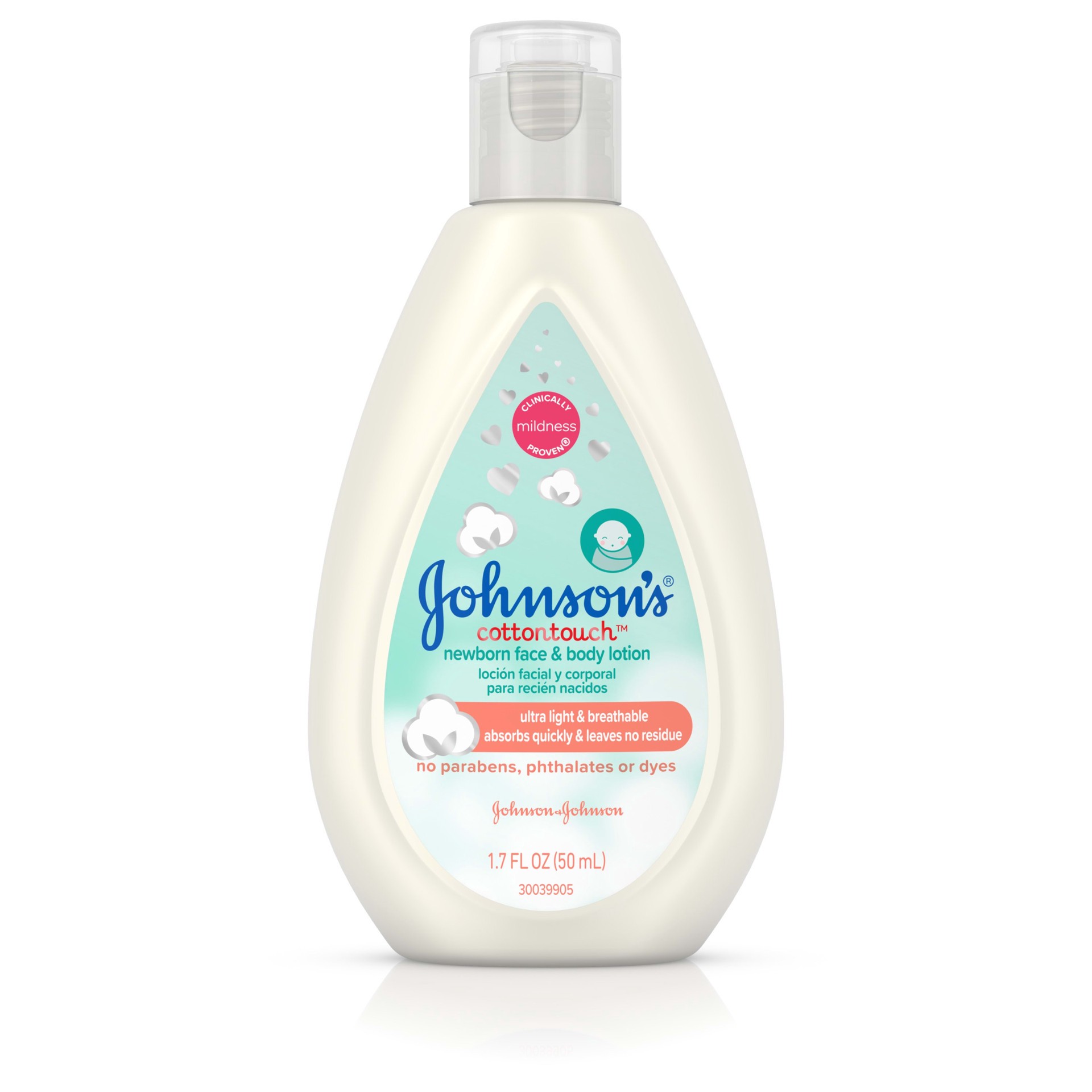 slide 3 of 5, Johnson's CottonTouch Newborn Baby Face and Body Lotion, Hypoallergenic and Paraben-Free Moisturization for Sensitive Skin, Made with Real Cotton, 1.7 fl oz