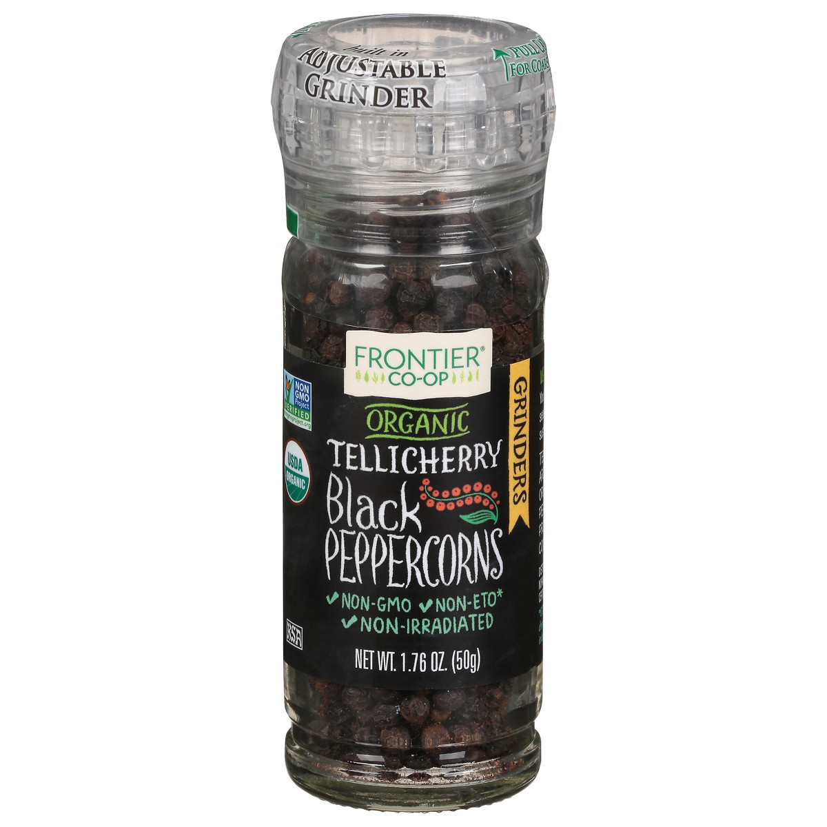 slide 1 of 10, Frontier Co-Op Organic Grinders Tellicherry Black Peppercorns 1.76 oz, 1.76 oz