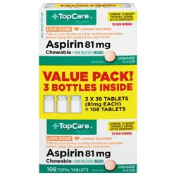 TopCare Health Orange Flavor 81 mg Aspirin Value Pack 3 - 36 Tablet Bottles