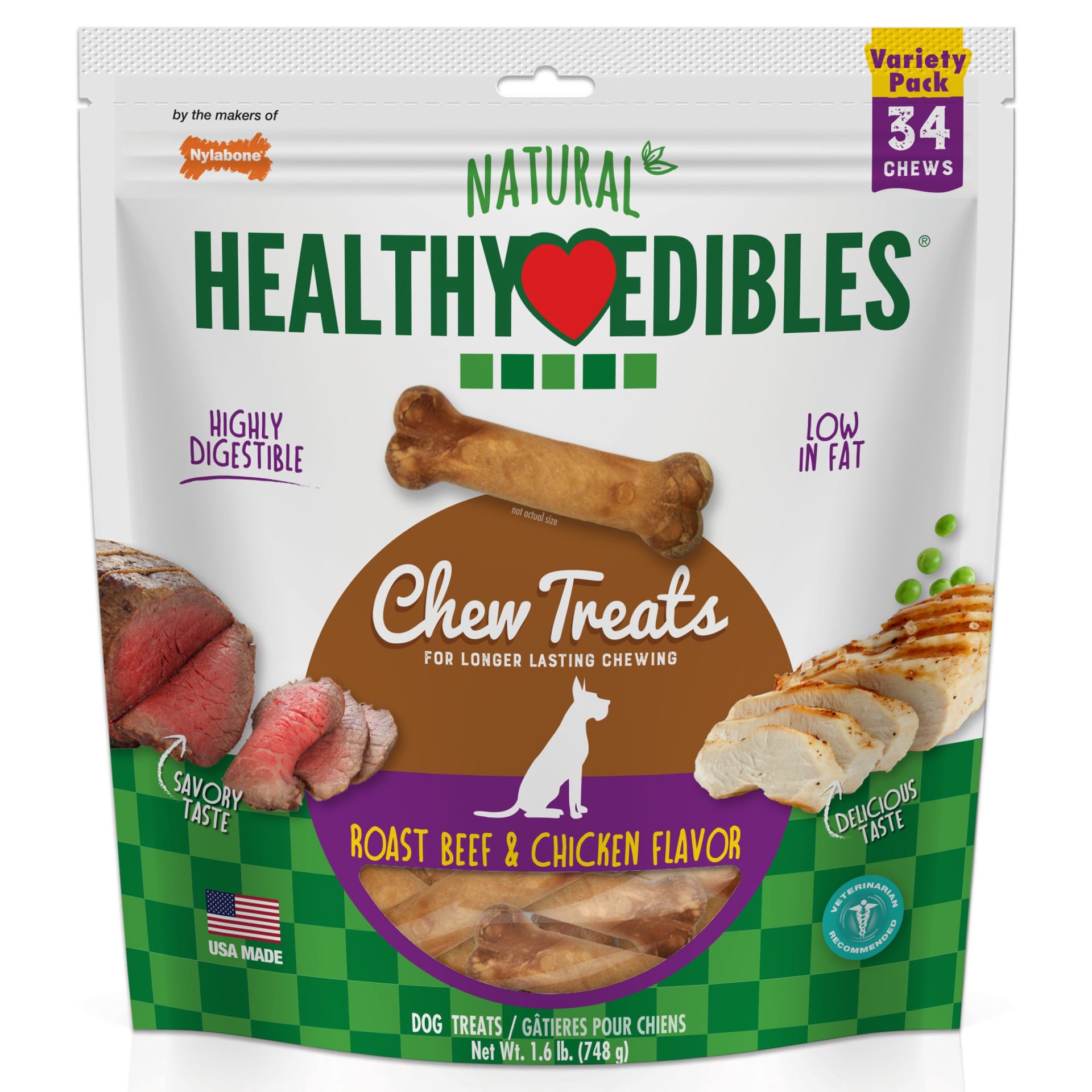 slide 1 of 9, Nylabone Healthy Edibles All-Natural Long Lasting Roast Beef and Chicken Dog Chew Treats Variety X-Small/Petite - Up to 15 lbs.(34 Count), 34 ct