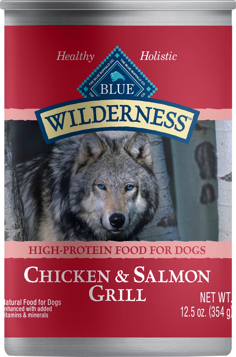 slide 3 of 6, Blue Buffalo Wilderness High Protein, Natural Adult Wet Dog Food, Salmon & Chicken Grill 12.5-oz Can, 12.5 oz