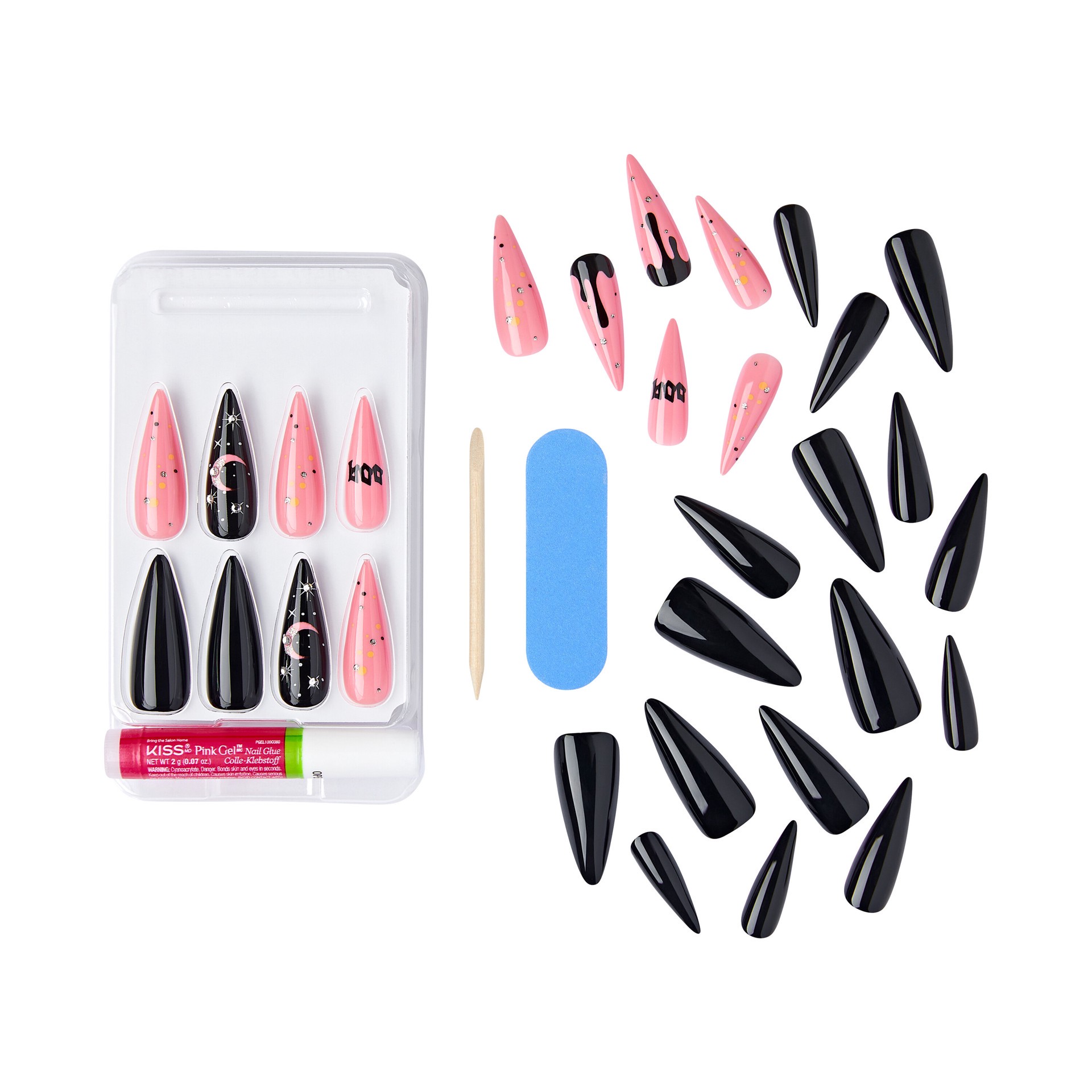 slide 3 of 5, KISS Voguish Fantasy Halloween Press-On Nails, Black & Pink, X-Long, Stiletto, 31 Ct., 1 ct