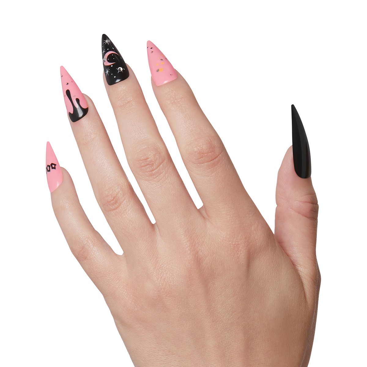 slide 4 of 5, KISS Voguish Fantasy Halloween Press-On Nails, Black & Pink, X-Long, Stiletto, 31 Ct., 1 ct