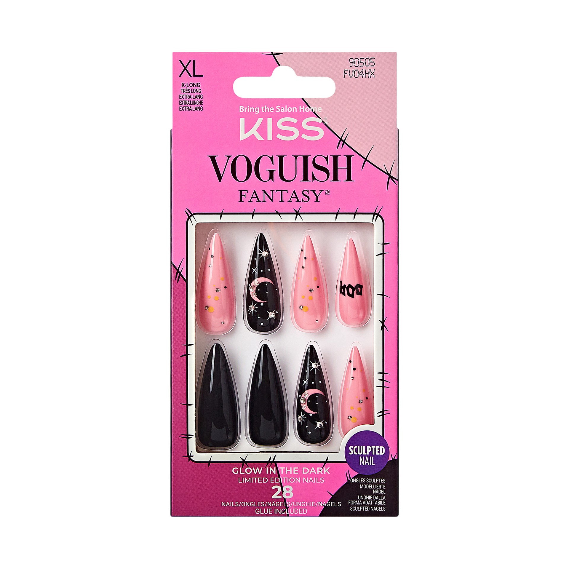slide 1 of 5, KISS Voguish Fantasy Halloween Press-On Nails, Black & Pink, X-Long, Stiletto, 31 Ct., 1 ct