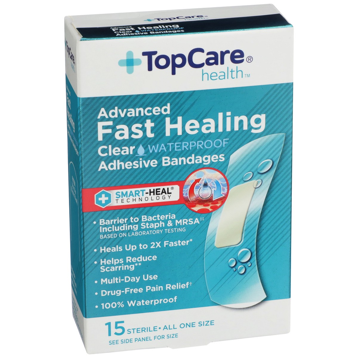 slide 3 of 8, TopCare Sterile Advanced Fast Healing Waterproof First Aid Antiseptic All One Size Adhesive Bandages, Clear, 15 ct