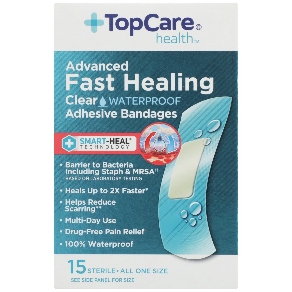 slide 7 of 8, TopCare Sterile Advanced Fast Healing Waterproof First Aid Antiseptic All One Size Adhesive Bandages, Clear, 15 ct