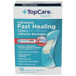 TopCare Sterile Advanced Fast Healing Waterproof First Aid Antiseptic All One Size Adhesive Bandages, Clear