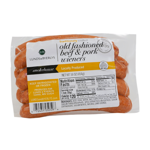 slide 1 of 1, L&B Old Fashioned Beef & Pork Wieners, 16 oz
