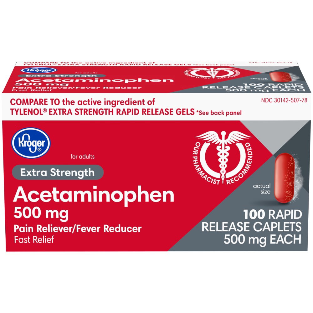 slide 2 of 4, Kroger Extra Strength Acetaminophen Rapid Release Caplets 500Mg, 100 ct