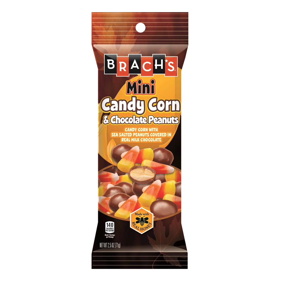 slide 1 of 1, Brach's Mini Candy Corn & Chocolate Peanuts Peg Bag, 2.5 oz