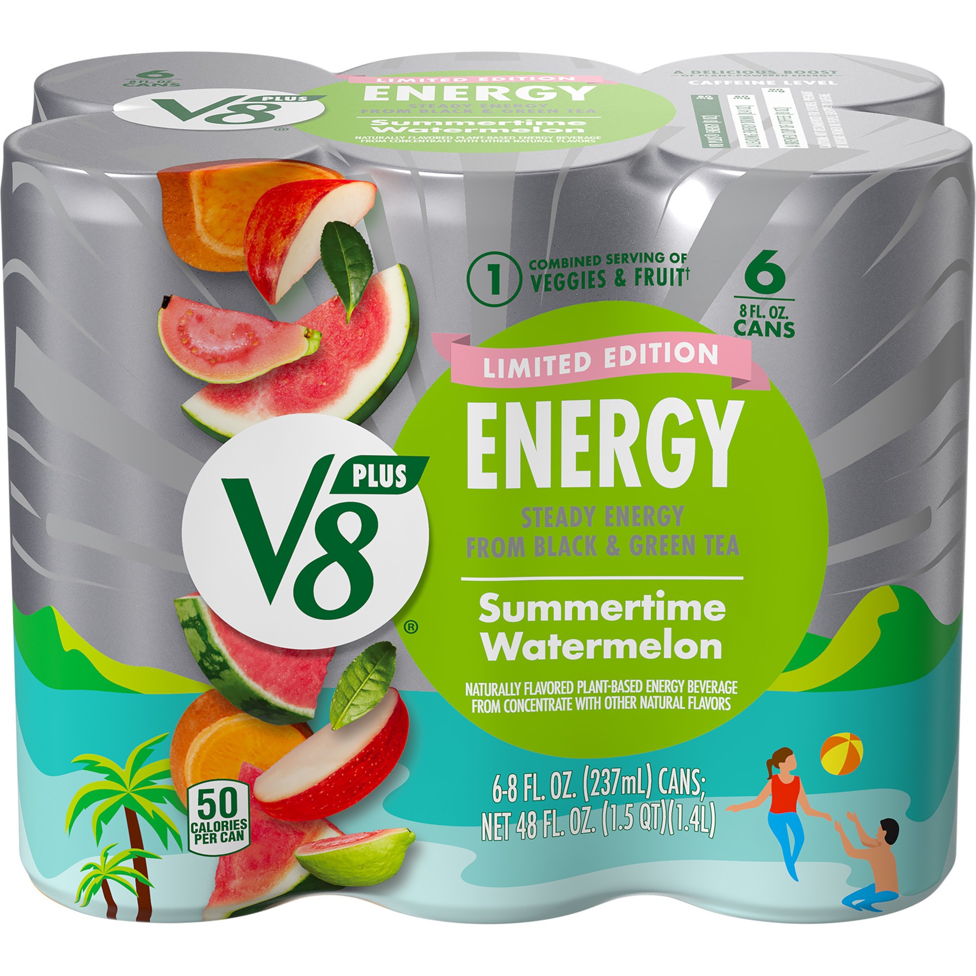 slide 1 of 8, V8 +Energy Limited Edition Summertime Watermelon Juice Energy Drink, 8 fl oz Can (6 Pack), 48 oz